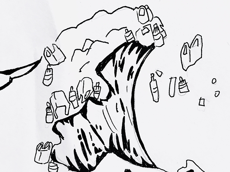 Black and white illustration of a wave full of plastic items such as bags and bottles