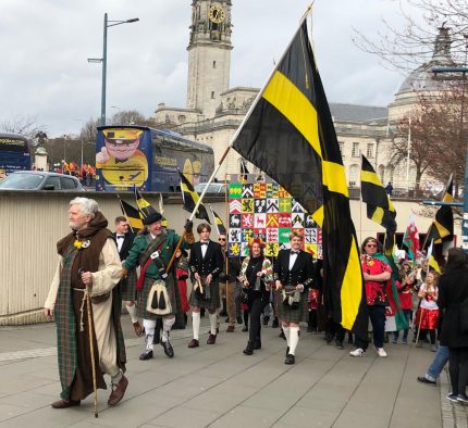 'St David' himself leading the St David's Day Parade through the streets of Cardiff