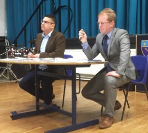 Neil McEvoy AM and Michael Deem at the meeting in Bishop of Llandaff Highschool last week.