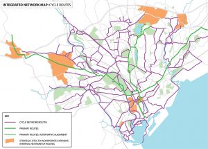 A map of the full cycle network plan. The routes highlighted in green will be the main cycling routes through the city, and the purple routes will make up the other parts of the network.