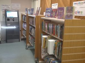 Some of the temporary library shelves housed in the Cardiff Royal Infirmary.