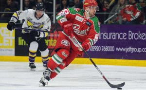 Joey Martin scores the opening goal of the game between Devils and Manchester Storm.