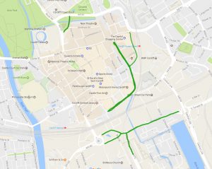 Streets highlighted in green will be allowed to trade temporarily for the final. Credit: Google Maps