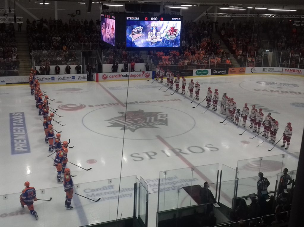 The Cardiff Devils and Sheffield Steelers before the Challenge Cup final.