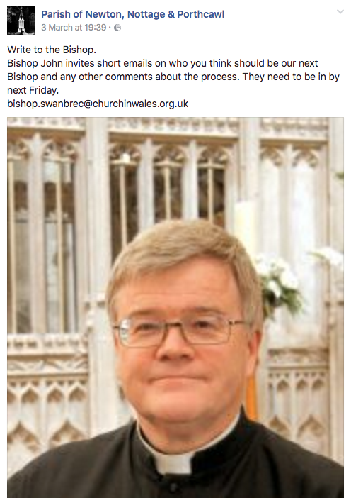 The post from Parish of Newton, Nottage and Porthcawl's facebook page on March 3. Picture featured on the post is Rev. Jeffrey John