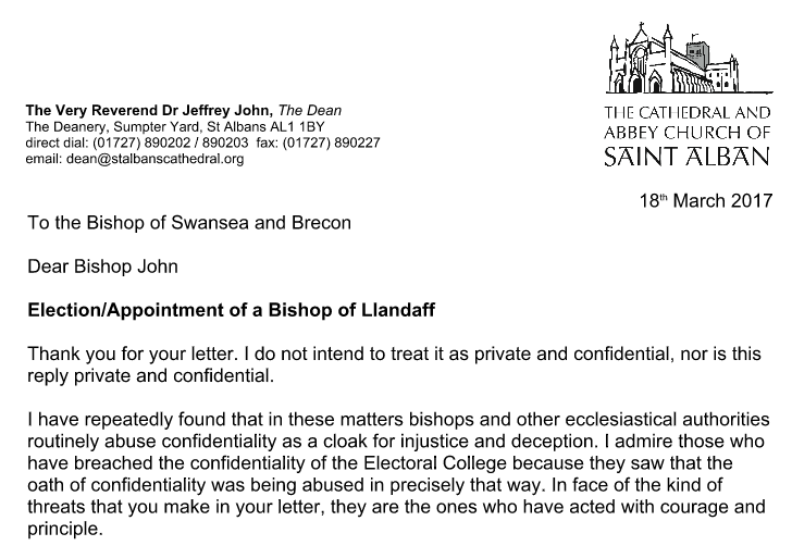 Introduction to the open letter Jeffrey John wrote to the Bench of Bishops