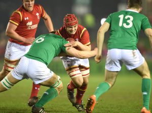 11.03.17 - Wales Under 20 v Ireland Under 20 - Under 20 Six Nations 2017 - Will Jones of Wales takes on Gavin Coombes of Ireland.Credit: Huw Evans Picture Agency