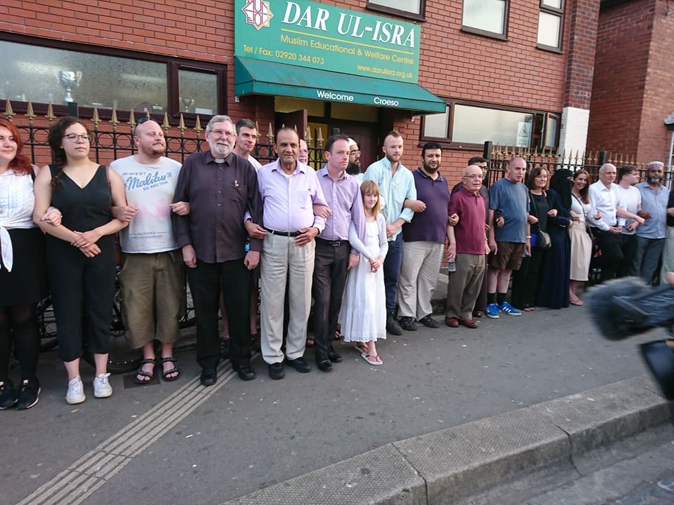 The human chain outside Darul Isra Mosque. Credit: Muslim Council Wales