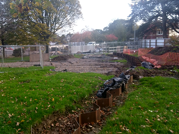 Progress of flood defence work in Roath Mill Gardens