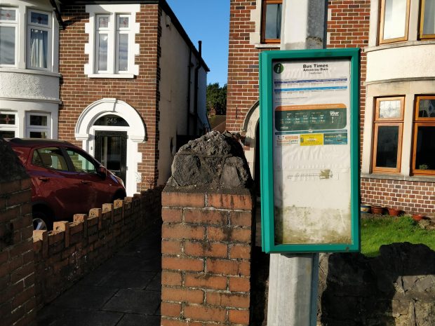 A bus stop on Allensbank Road, only one bus serves residents on an hourly basis.