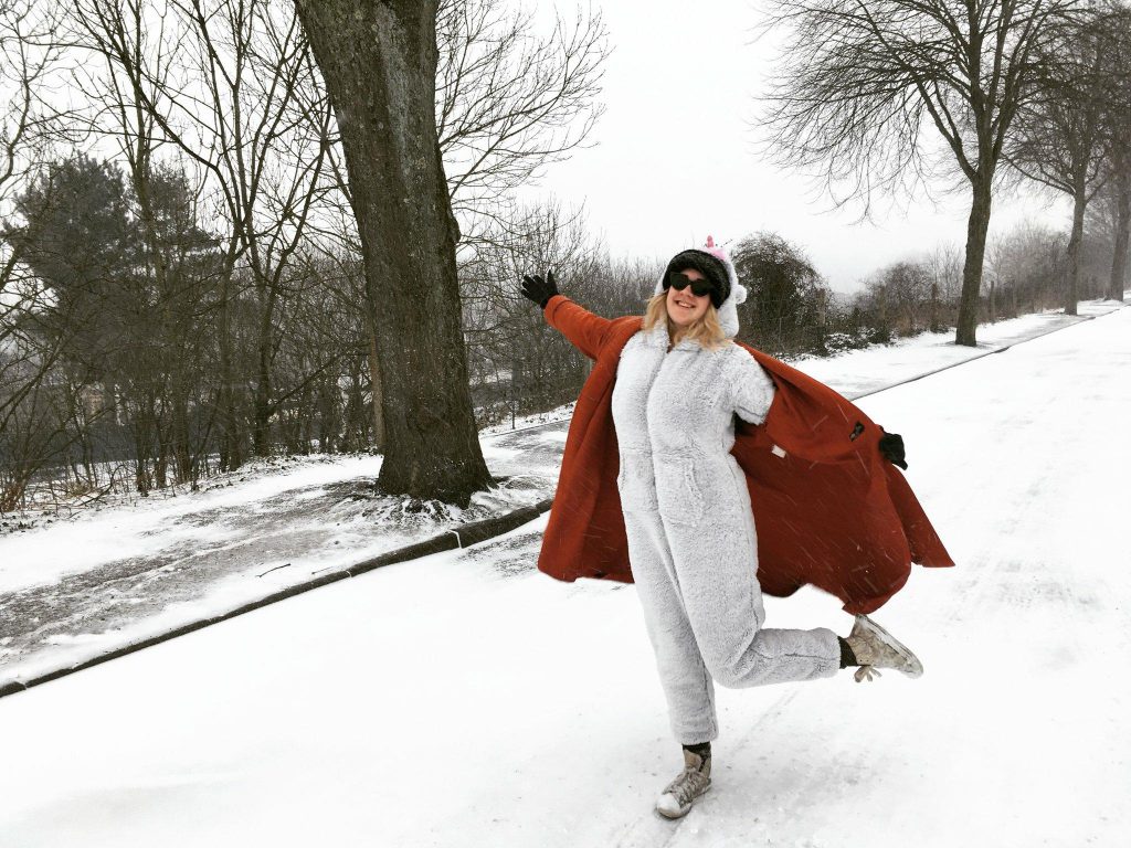 Samantha Ellis embraces the weather in a onesie. Photo: Samantha Ellis 
