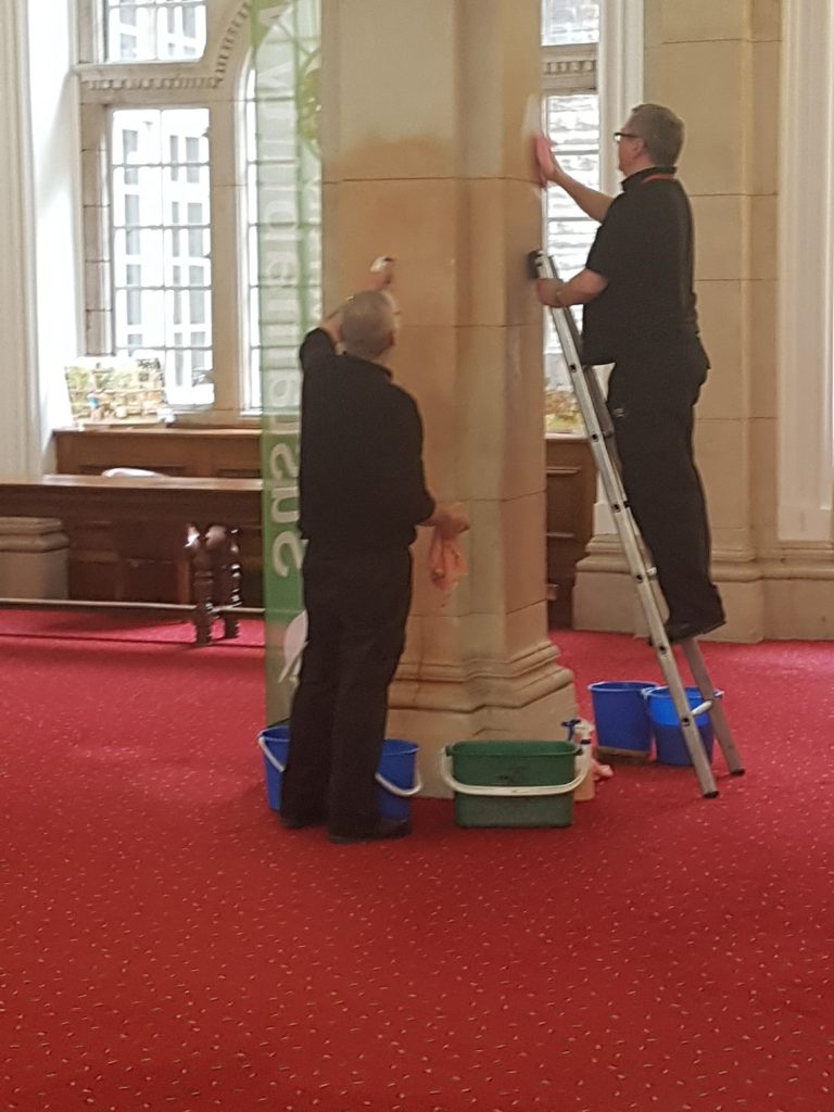 Cleaners attempt to remove the paint