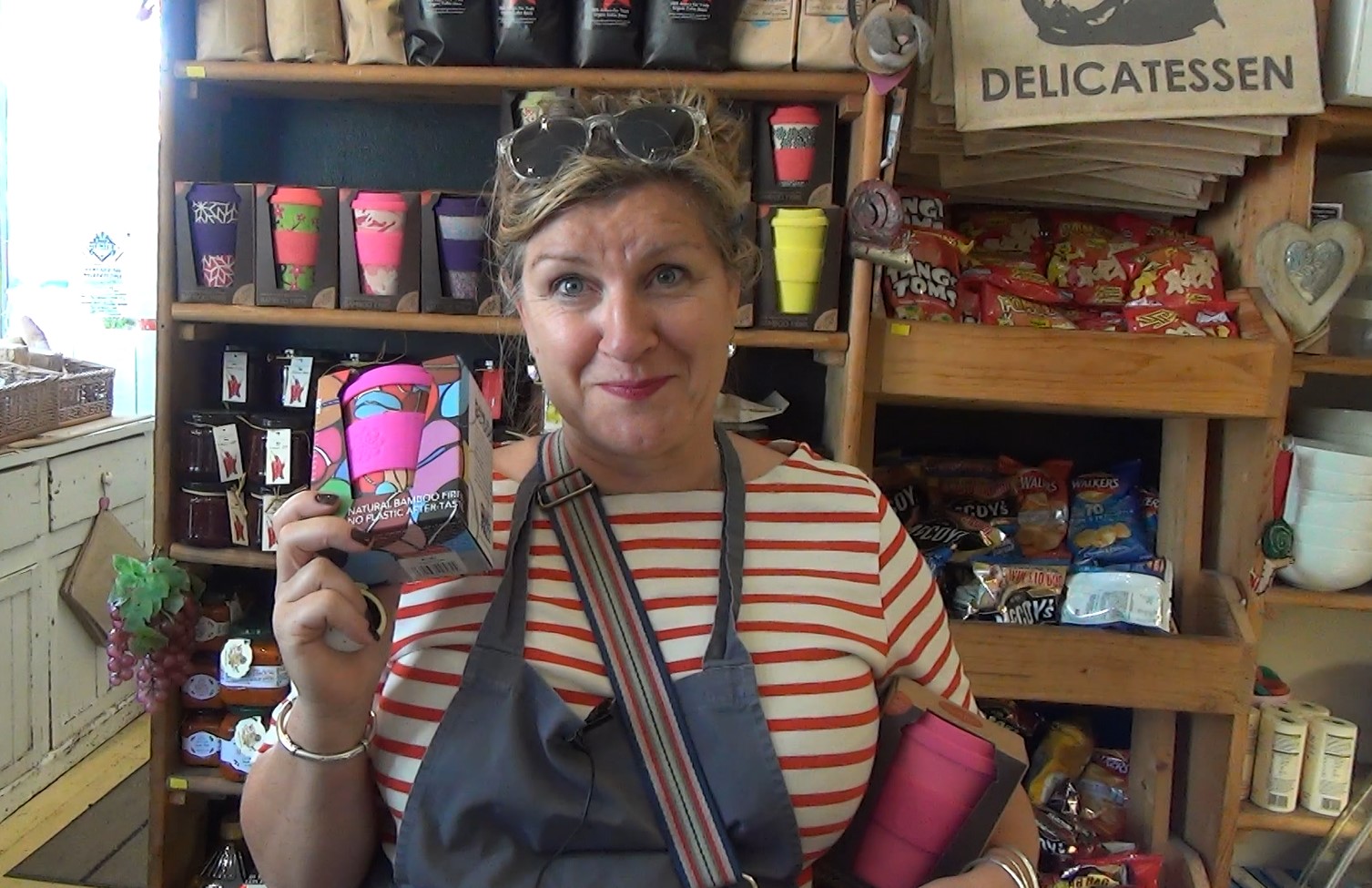 Fran Sykes, owner of Snails Deli, shows off their new range of bamboo cups