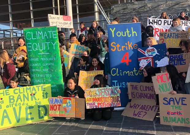 Young people call for action on climate change in a protest in Cardiff