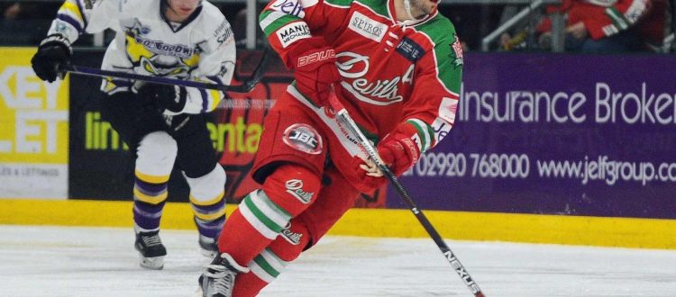 Joey Martin scores the opening goal of the game between Devils and Manchester Storm.