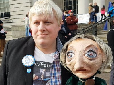 Boris Johnson impersonator, Drew Galdron, with Theresa May puppet. February 22, 2018